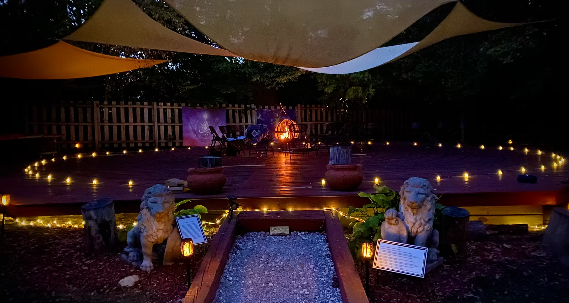 The garden grounds glowing after dark